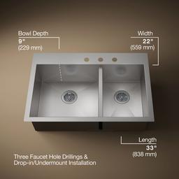 Kohler VaultE 33'' top-/undermount double-bowl kitchen sink - Stainless Steel - image 3