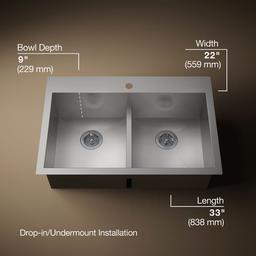 Kohler VaultE Smart Divide 33'' top-/undermount double-bowl kitchen sink - Stainless Steel - image 3