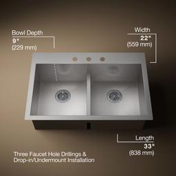 Kohler VaultE Smart Divide 33'' top-/undermount double-bowl kitchen sink - Stainless Steel - image 3