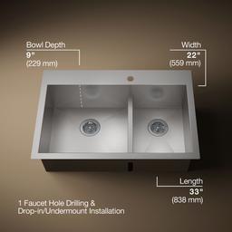 Kohler VaultE Smart Divide 33'' top-/undermount double-bowl kitchen sink - Stainless Steel - image 3