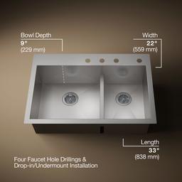 Kohler VaultE Smart Divide 33'' top-/undermount double-bowl kitchen sink - Stainless Steel - image 3