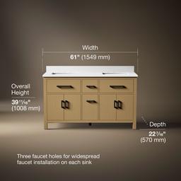 Kohler Kresla 60'' bathroom vanity cabinet with sinks and quartz top - Light Oak - image 3