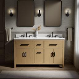 Kohler Kresla 60'' bathroom vanity cabinet with sinks and quartz top - Light Oak - image 2