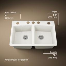BrookfieldE 33'' undermount double-bowl kitchen sink - Biscuit - image 3