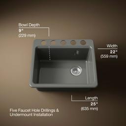 Kohler Riverby 25'' undermount single-bowl workstation kitchen sink - Thunder Grey - image 3