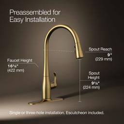 Kohler Simplice Pull-down kitchen sink faucet with three-function sprayhead - Vibrant Brushed Moderne Brass - image 3