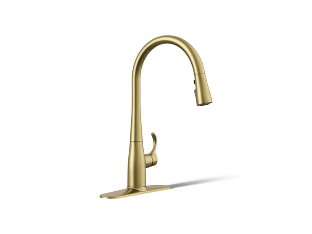 Kohler Simplice Pull-down kitchen sink faucet with three-function sprayhead - Vibrant Brushed Moderne Brass