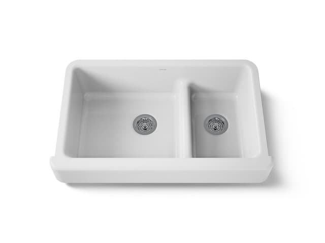 Kohler Whitehaven Smart Divide 35-1/2'' undermount double-bowl farmhouse kitchen sink with short apron