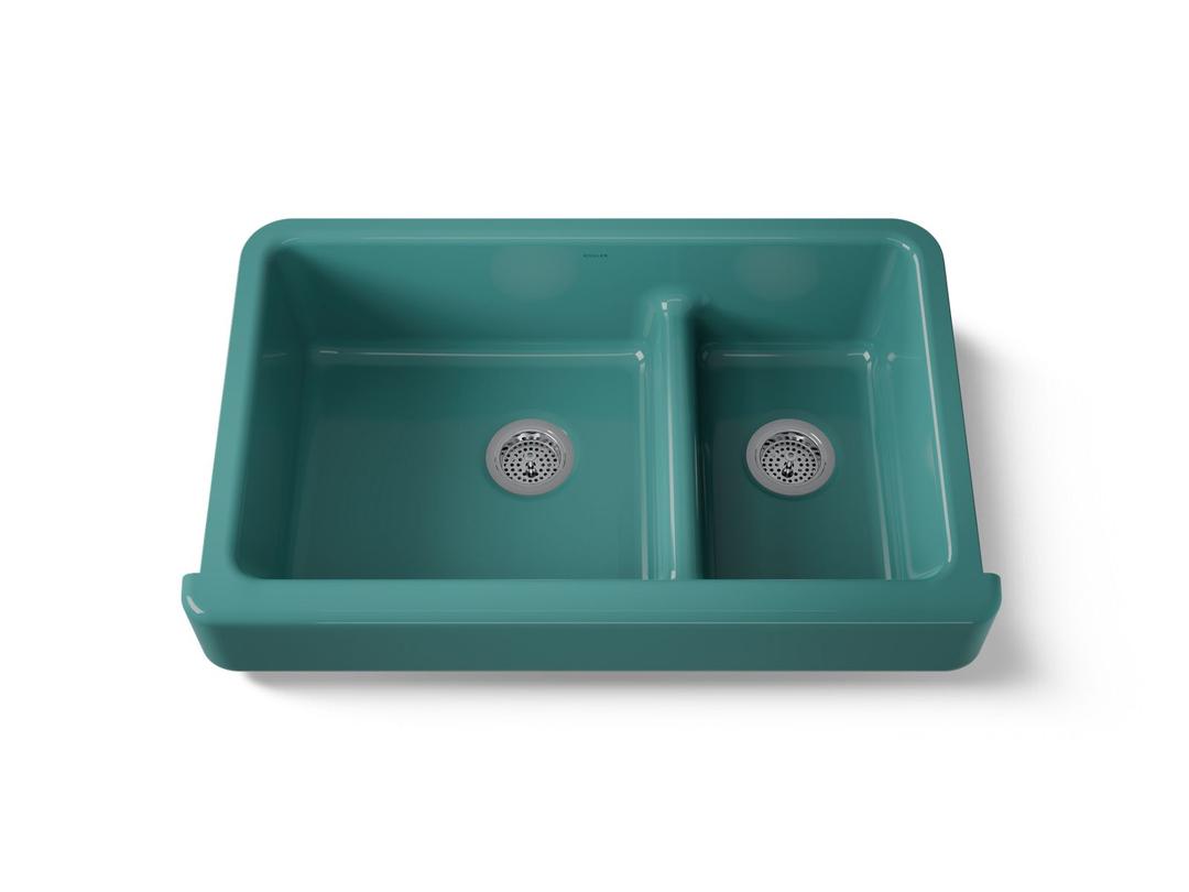 Kohler Whitehaven Smart Divide 35-1/2'' undermount double-bowl farmhouse kitchen sink with short apron - Teal by Kohler