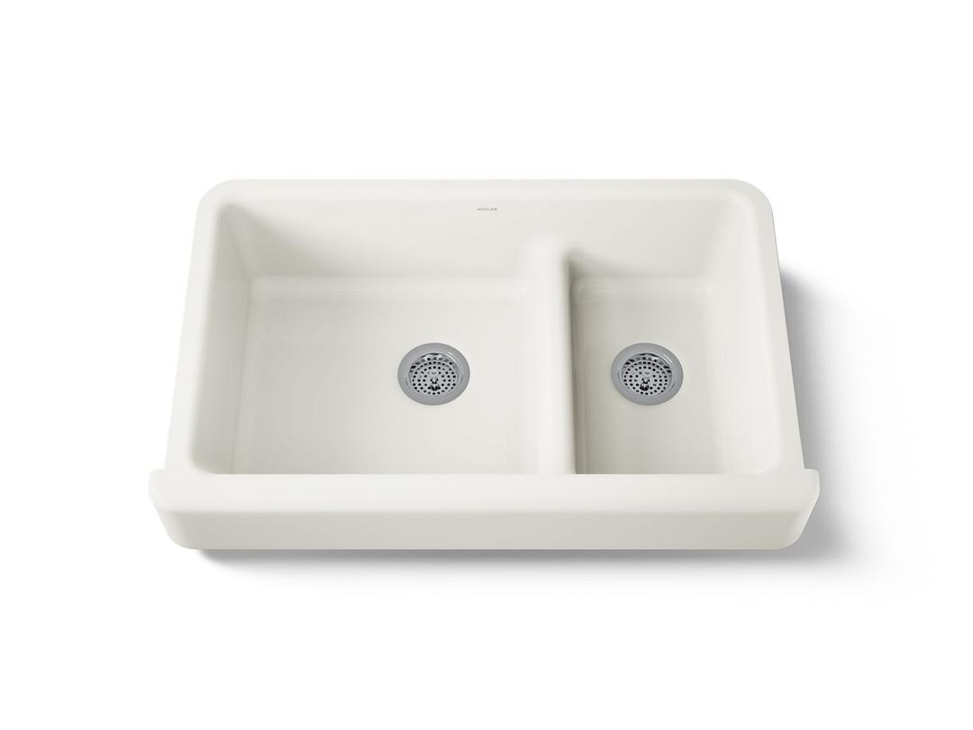 Kohler Whitehaven Smart Divide 35-1/2'' undermount double-bowl farmhouse kitchen sink with short apron - Biscuit by Kohler