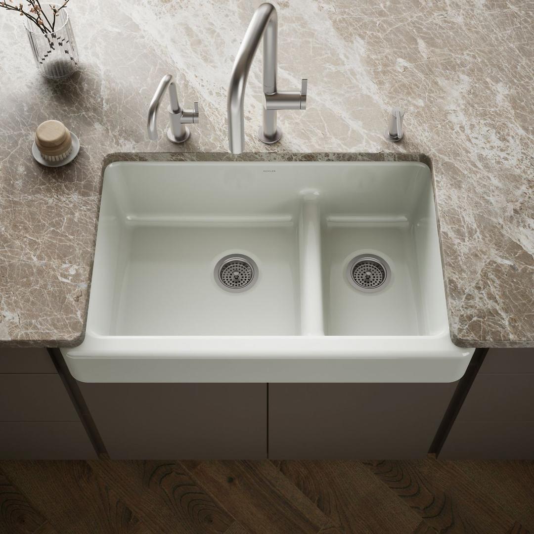 Kohler Whitehaven Smart Divide 35-1/2'' undermount double-bowl farmhouse kitchen sink with short apron - Sea Salt by Kohler