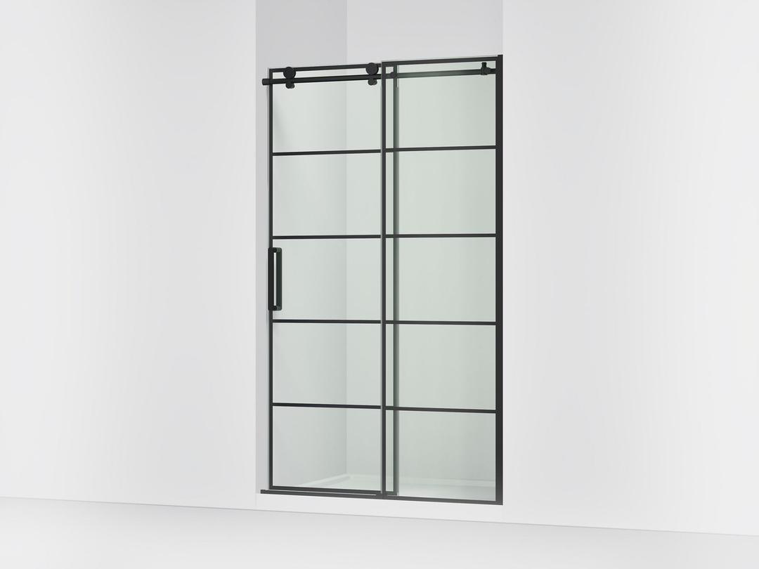 Kohler ComposedE Sliding shower door, 78'' H x 44-1/8 - 47-7/8'' W, with 3/8'' thick Crystal Clear glass with rectangular grille pattern - Matte Black by Kohler