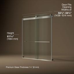 Kohler Levity Plus Frameless sliding bath door, 61-9/16'' H x 56-5/8 - 59-5/8'' W, with 5/16''-thick Crystal Clear glass - Anodized Brushed Nickel - image 3