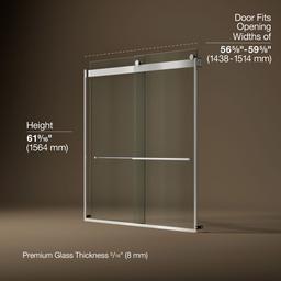 Kohler Levity Plus Frameless sliding bath door, 61-9/16'' H x 56-5/8 - 59-5/8'' W, with 5/16''-thick Crystal Clear glass - Bright Polished Silver - image 3