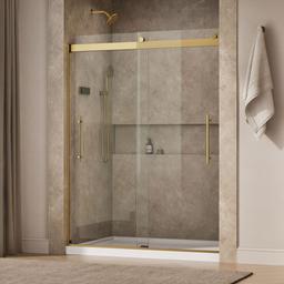 Kohler Levity Plus Frameless sliding shower door, 77-9/16'' H x 56-5/8 - 59-5/8'' W, with 5/16''-thick Crystal Clear glass - Vibrant Brushed Moderne Brass - image 2