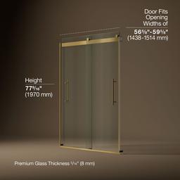 Kohler Levity Plus Frameless sliding shower door, 77-9/16'' H x 56-5/8 - 59-5/8'' W, with 5/16''-thick Crystal Clear glass - Vibrant Brushed Moderne Brass - image 3