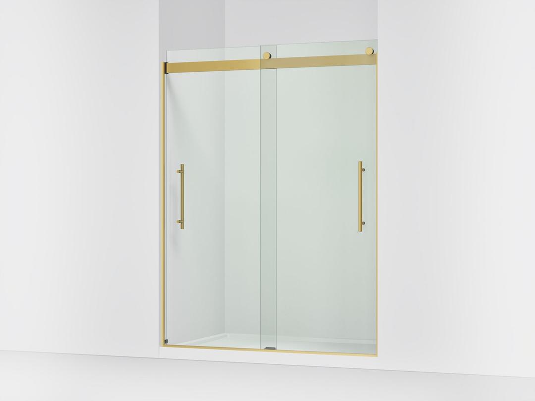 Kohler Levity Plus Frameless sliding shower door, 77-9/16'' H x 56-5/8 - 59-5/8'' W, with 5/16''-thick Crystal Clear glass - Vibrant Brushed Moderne Brass by Kohler