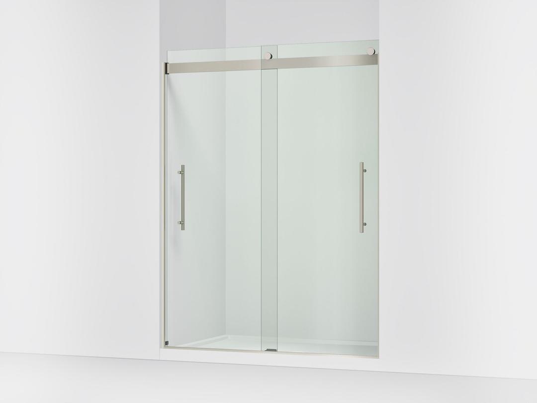 Kohler Levity Plus Frameless sliding shower door, 77-9/16'' H x 56-5/8 - 59-5/8'' W, with 5/16''-thick Crystal Clear glass - Anodized Brushed Nickel by Kohler