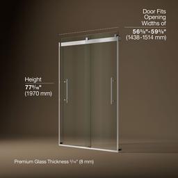 Kohler Levity Plus Frameless sliding shower door, 77-9/16'' H x 56-5/8 - 59-5/8'' W, with 5/16''-thick Crystal Clear glass - Bright Polished Silver - image 3