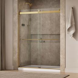 Kohler Levity Plus Frameless sliding shower door, 77-9/16'' H x 56-5/8 - 59-5/8'' W, with 5/16''-thick Crystal Clear glass - Vibrant Brushed Moderne Brass - image 2