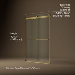 Kohler Levity Plus Frameless sliding shower door, 77-9/16'' H x 56-5/8 - 59-5/8'' W, with 5/16''-thick Crystal Clear glass - Vibrant Brushed Moderne Brass - image 3
