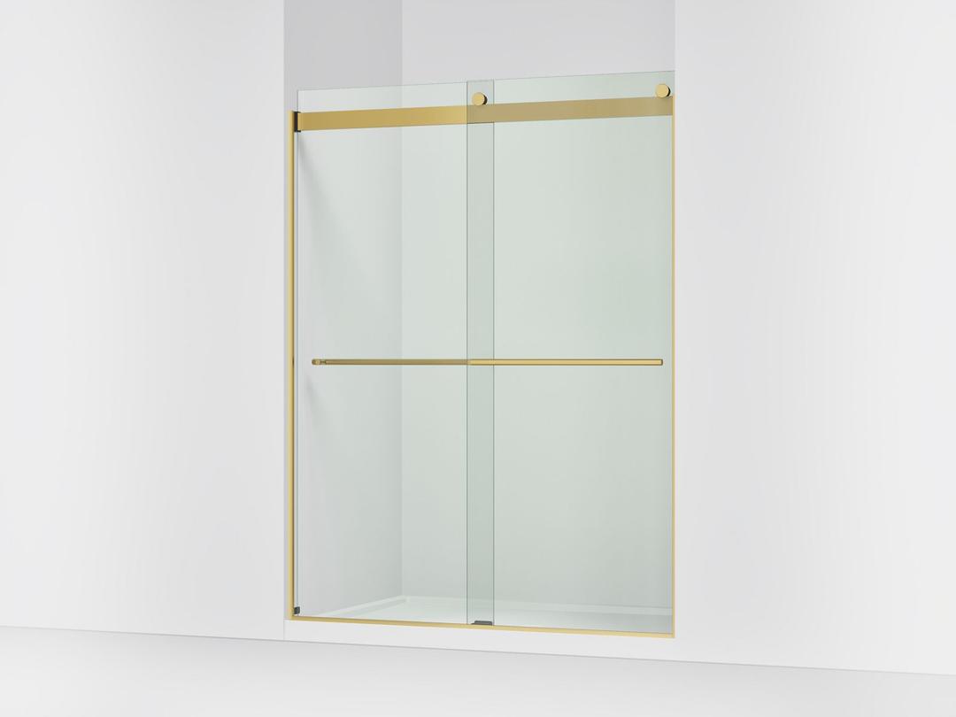Kohler Levity Plus Frameless sliding shower door, 77-9/16'' H x 56-5/8 - 59-5/8'' W, with 5/16''-thick Crystal Clear glass - Vibrant Brushed Moderne Brass by Kohler