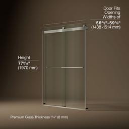 Kohler Levity Plus Frameless sliding shower door, 77-9/16'' H x 56-5/8 - 59-5/8'' W, with 5/16''-thick Crystal Clear glass - Anodized Brushed Nickel - image 3