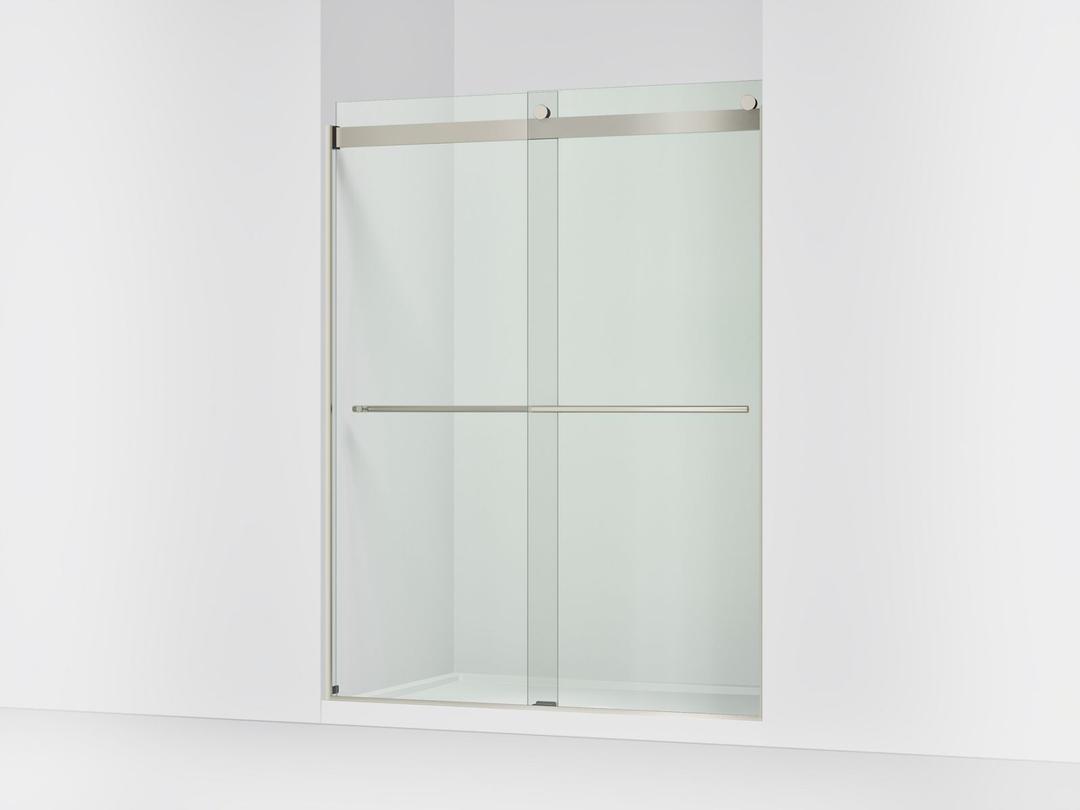 Kohler Levity Plus Frameless sliding shower door, 77-9/16'' H x 56-5/8 - 59-5/8'' W, with 5/16''-thick Crystal Clear glass - Anodized Brushed Nickel by Kohler