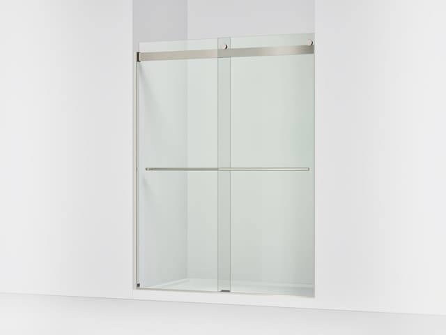 Kohler Levity Plus Frameless sliding shower door, 77-9/16'' H x 56-5/8 - 59-5/8'' W, with 5/16''-thick Crystal Clear glass - Anodized Brushed Nickel