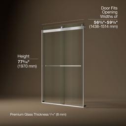 Kohler Levity Plus Frameless sliding shower door, 77-9/16'' H x 56-5/8 - 59-5/8'' W, with 5/16''-thick Crystal Clear glass - Bright Polished Silver - image 3