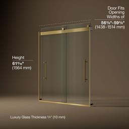 Kohler Levity Plus Frameless sliding bath door, 61-9/16'' H x 56-5/8 - 59-5/8'' W, with 3/8''-thick Crystal Clear glass - Vibrant Brushed Moderne Brass - image 3