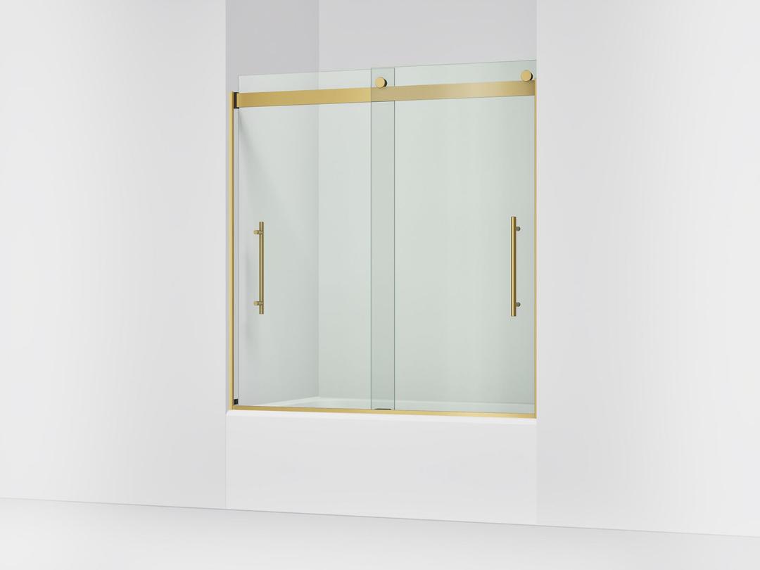 Kohler Levity Plus Frameless sliding bath door, 61-9/16'' H x 56-5/8 - 59-5/8'' W, with 3/8''-thick Crystal Clear glass - Vibrant Brushed Moderne Brass by Kohler