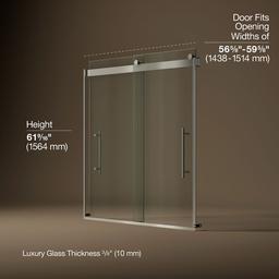 Kohler Levity Plus Frameless sliding bath door, 61-9/16'' H x 56-5/8 - 59-5/8'' W, with 3/8''-thick Crystal Clear glass - Anodized Brushed Nickel - image 3