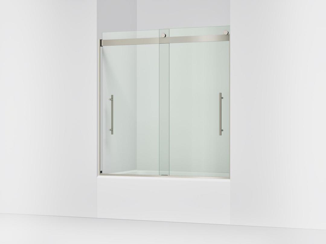Kohler Levity Plus Frameless sliding bath door, 61-9/16'' H x 56-5/8 - 59-5/8'' W, with 3/8''-thick Crystal Clear glass - Anodized Brushed Nickel by Kohler