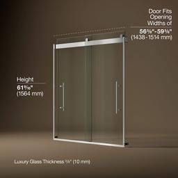 Kohler Levity Plus Frameless sliding bath door, 61-9/16'' H x 56-5/8 - 59-5/8'' W, with 3/8''-thick Crystal Clear glass - Bright Polished Silver - image 3