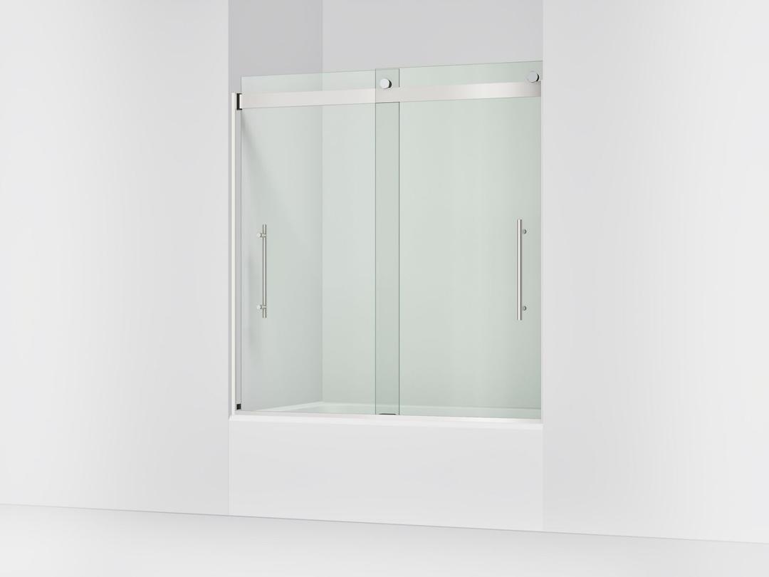 Kohler Levity Plus Frameless sliding bath door, 61-9/16'' H x 56-5/8 - 59-5/8'' W, with 3/8''-thick Crystal Clear glass - Bright Polished Silver by Kohler