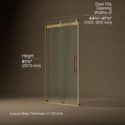 Kohler Levity Plus Frameless sliding shower door, 81-5/8'' H x 44-5/8 - 47-5/8'' W, with 3/8''-thick Crystal Clear glass - Vibrant Brushed Moderne Brass - image 3