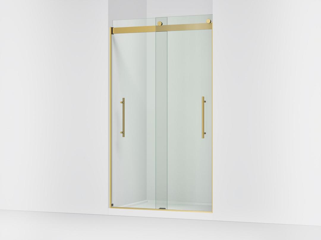 Kohler Levity Plus Frameless sliding shower door, 81-5/8'' H x 44-5/8 - 47-5/8'' W, with 3/8''-thick Crystal Clear glass - Vibrant Brushed Moderne Brass by Kohler