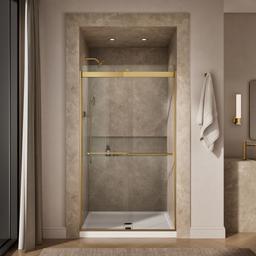 Kohler Levity Plus Frameless sliding shower door, 81-5/8'' H x 44-5/8 - 47-5/8'' W, with 3/8''-thick Crystal Clear glass - Vibrant Brushed Moderne Brass - image 4