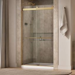 Kohler Levity Plus Frameless sliding shower door, 81-5/8'' H x 44-5/8 - 47-5/8'' W, with 3/8''-thick Crystal Clear glass - Vibrant Brushed Moderne Brass - image 2