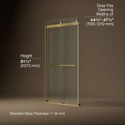 Kohler Levity Plus Frameless sliding shower door, 81-5/8'' H x 44-5/8 - 47-5/8'' W, with 3/8''-thick Crystal Clear glass - Vibrant Brushed Moderne Brass - image 3