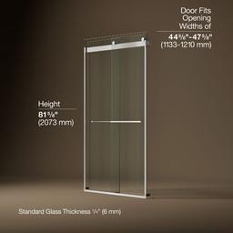 Kohler Levity Plus Frameless sliding shower door, 81-5/8'' H x 44-5/8 - 47-5/8'' W, with 3/8''-thick Crystal Clear glass - Bright Polished Silver - image 3
