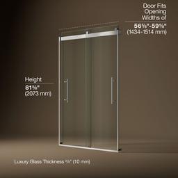 Kohler Levity Plus Frameless sliding shower door, 81-5/8'' H x 56-5/8 - 59-5/8'' W, with 3/8''-thick Crystal Clear glass - Bright Polished Silver - image 3