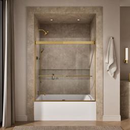 Kohler Levity Sliding bath door, 62'' H x 56-5/8 - 59-5/8'' W, with 1/4'' thick Crystal Clear glass - Vibrant Brushed Moderne Brass - image 4
