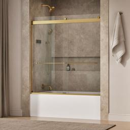 Kohler Levity Sliding bath door, 62'' H x 56-5/8 - 59-5/8'' W, with 1/4'' thick Crystal Clear glass - Vibrant Brushed Moderne Brass - image 2