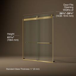 Kohler Levity Sliding bath door, 62'' H x 56-5/8 - 59-5/8'' W, with 1/4'' thick Crystal Clear glass - Vibrant Brushed Moderne Brass - image 3