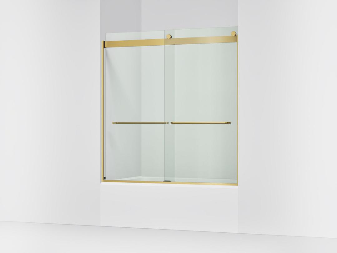 Kohler Levity Sliding bath door, 62'' H x 56-5/8 - 59-5/8'' W, with 1/4'' thick Crystal Clear glass - Vibrant Brushed Moderne Brass by Kohler