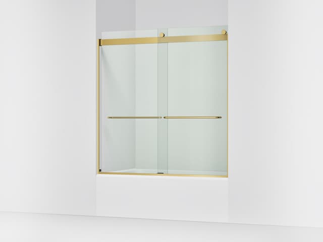 Kohler Levity Sliding bath door, 62'' H x 56-5/8 - 59-5/8'' W, with 1/4'' thick Crystal Clear glass - Vibrant Brushed Moderne Brass
