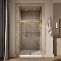 Kohler Levity Sliding shower door, 74'' H x 43-5/8 - 47-5/8'' W, with 1/4'' thick Crystal Clear glass - Vibrant Brushed Moderne Brass - image 4