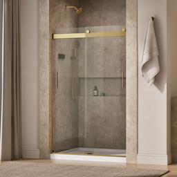 Kohler Levity Sliding shower door, 74'' H x 43-5/8 - 47-5/8'' W, with 1/4'' thick Crystal Clear glass - Vibrant Brushed Moderne Brass - image 2